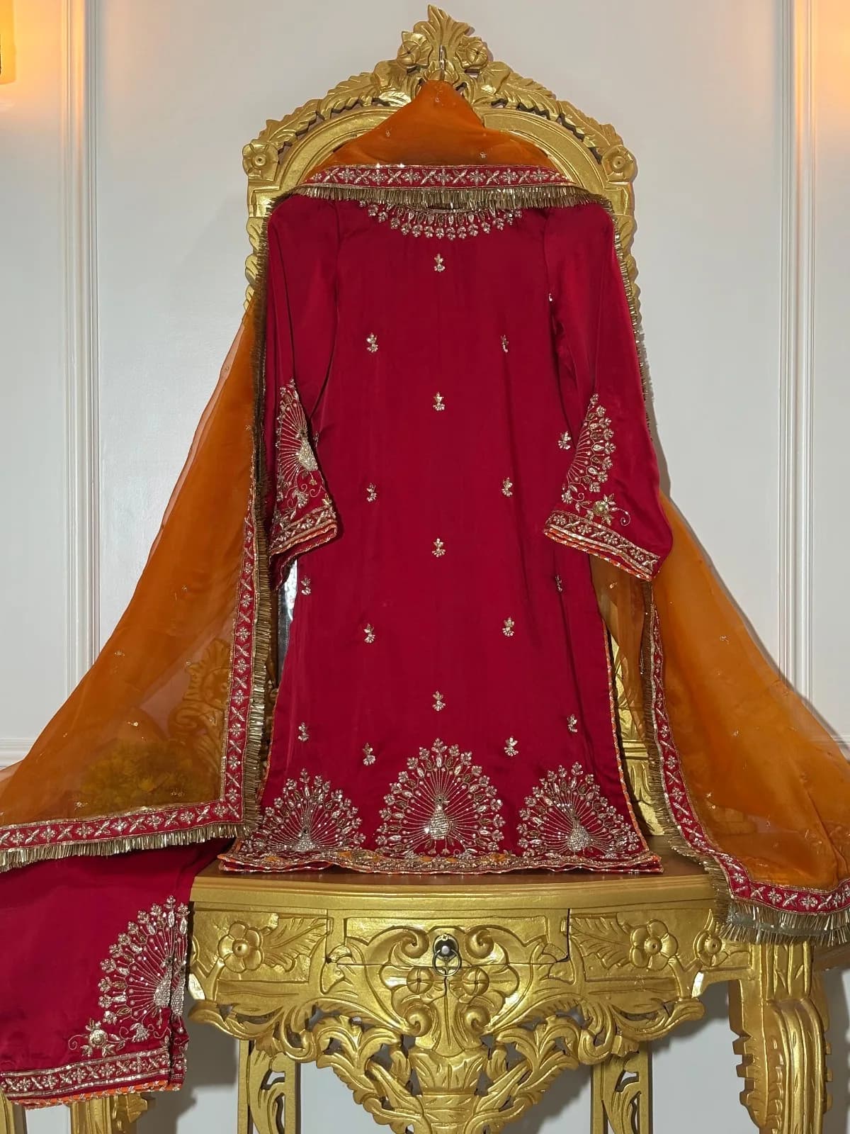Elegant Wine Embroidered Suit with Pure Organza Dupatta