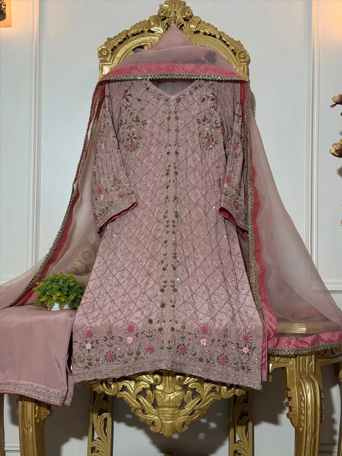 Blush Pink Pure Crepe Embroidered Suit with Organza Dupatta