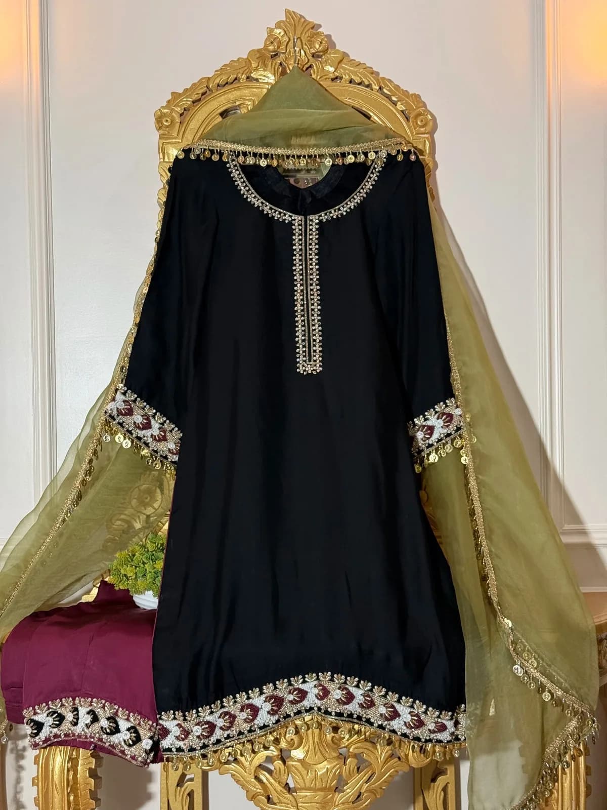 Black Gulab Silk Embroidered Suit with Pure Organza Dupatta