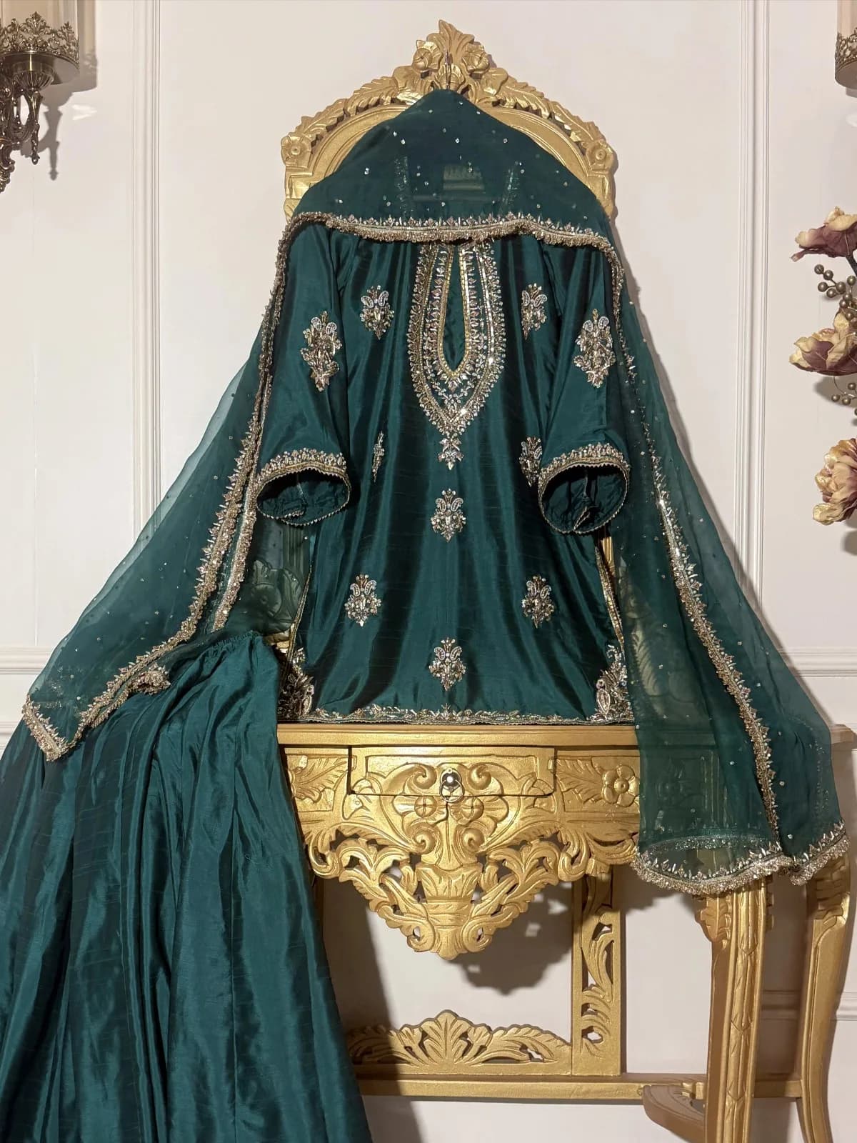 Teal Green Raw Silk Suit with Pure Organza Dupatta